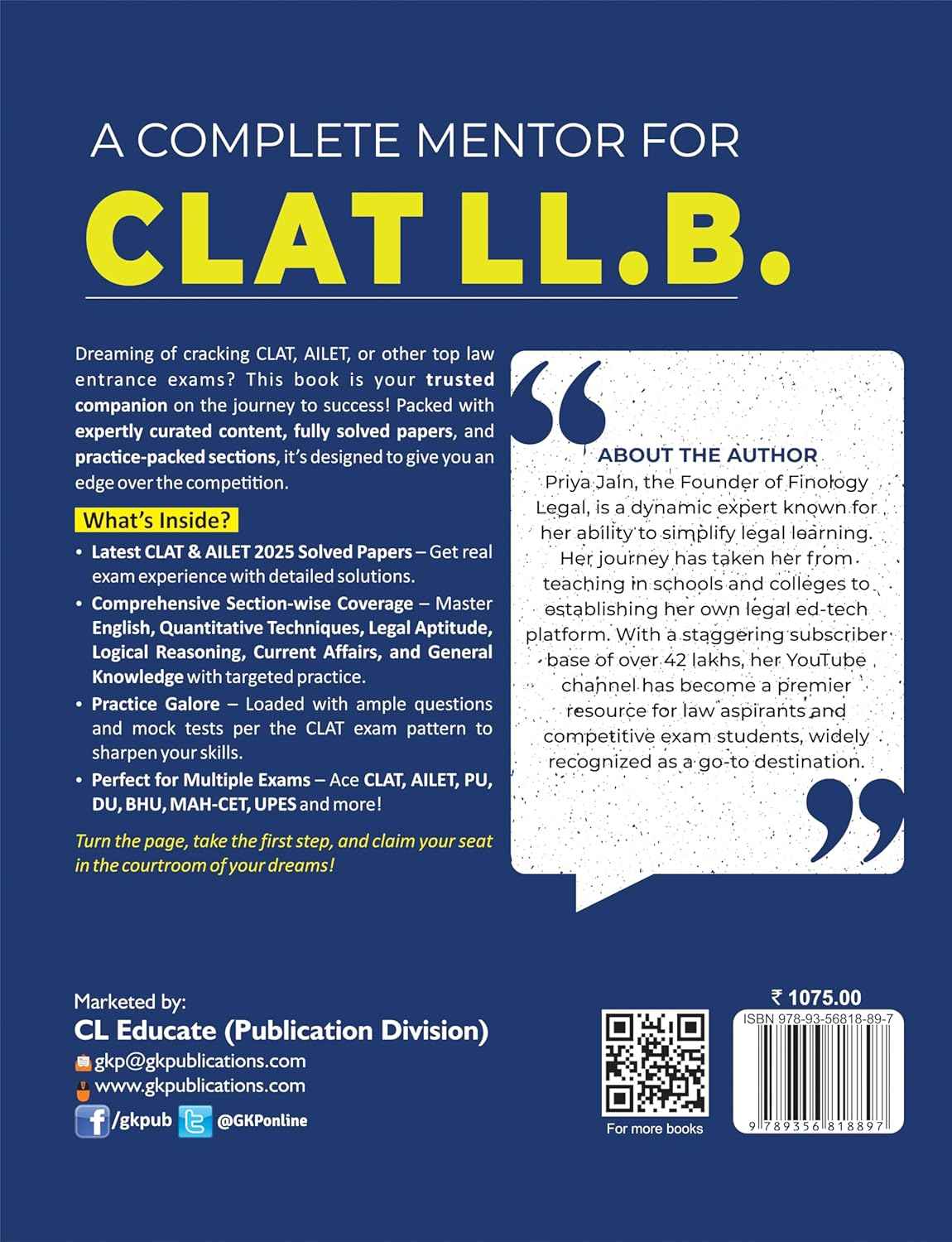 CLAT | LLB 2026 : Law Entrance Study Guide by Priya Jain | Useful for PU, DU, BHU, UPES, MAH (CET-Law), AILET, SLAT, Christ University, and Other Law Entrance Tests | Includes CLAT & AILET 2025 Solved Papers
