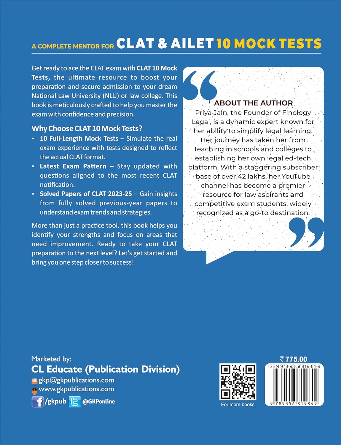 CLAT | AILET 2026 : 10 Mock Tests with Detailed Solutions | Includes 2023- 2025 Solved Papers By Priya Jain