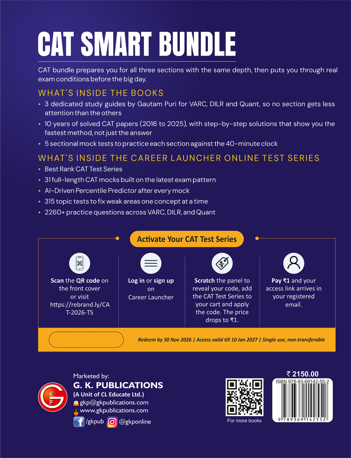 CAT SMART BUNDLE 2026 : Online Test Series + VARC, DILR & Quant Set of 3 Study Guide Combo by Gautam Puri | 2260+ Practice Questions, 31 Mock Tests & AI-Driven Percentile Predictor | Career Launcher