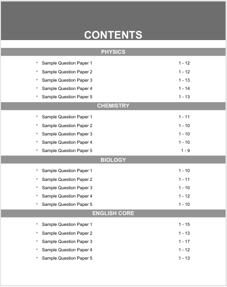 CBSE Class 12 PCBE Sample Papers 2027 : Physics, Chemistry, Biology & English Core – table of contents, page 1