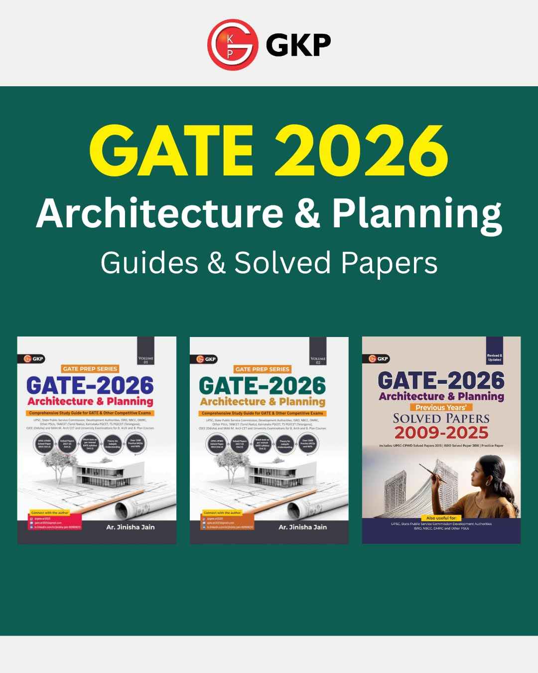 GATE 2026 : Architecture & Planning – Volume 1 & 2 Guides + Solved Papers (2009–2025) | Set of 3 Books by Jinisha Jain for GATE, UPSC, PSU & M.Arch Entrance Exams