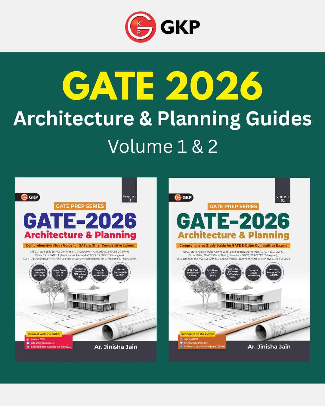 GATE 2026 : Architecture & Planning Study Guides – Volume 1 & 2 | Set of 2 Guides by Jinisha Jain for GATE, UPSC, PSU & M.Arch Entrance Exams