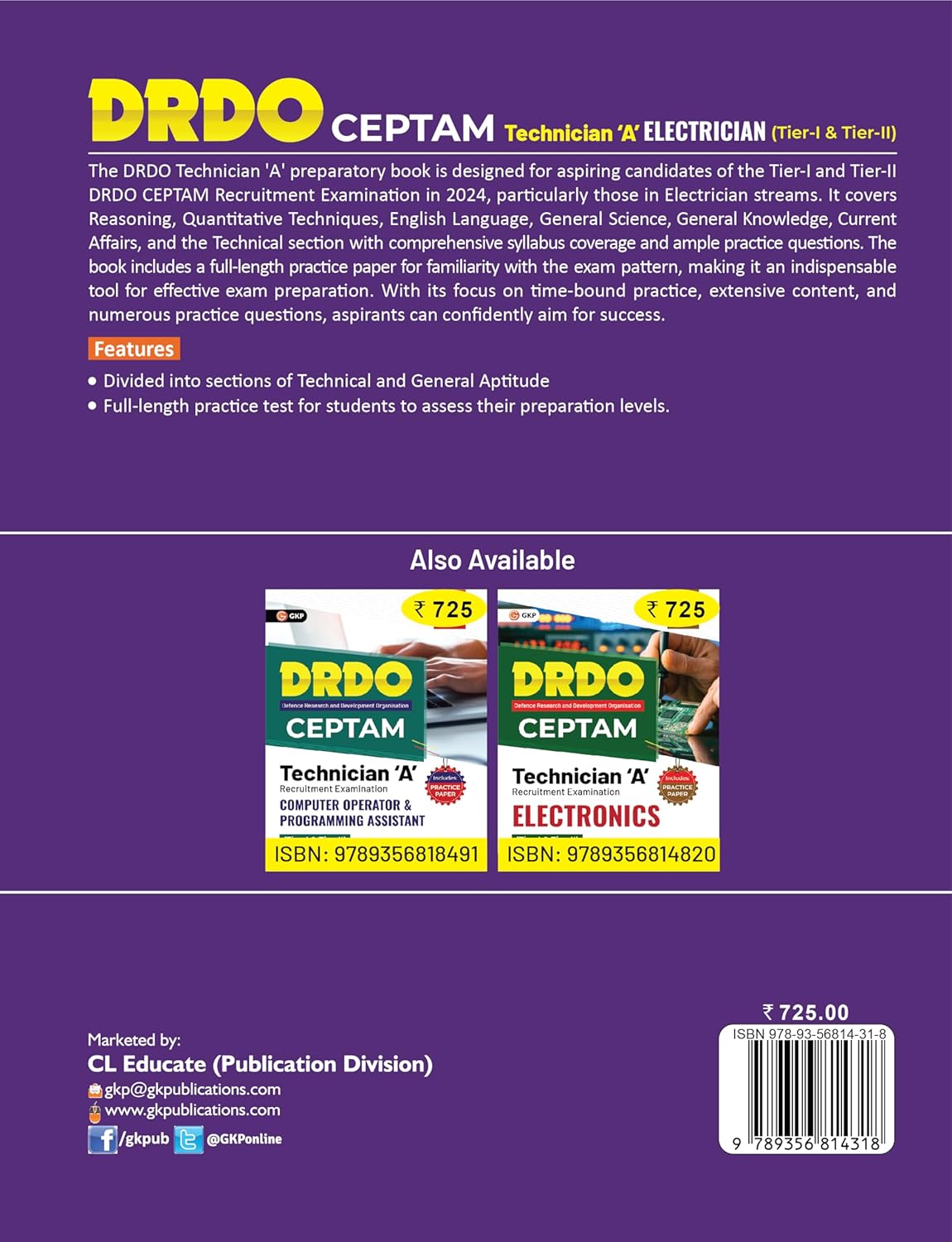 DRDO CEPTAM 2025: Electrician - Technician-A (Tier-1 & 2) | Includes Full-Length Practice Paper | Divided in Sections of Technical & General Aptitude | Defence Research & Development Organisation - Centre for Personnel Talent Management Exam Prep