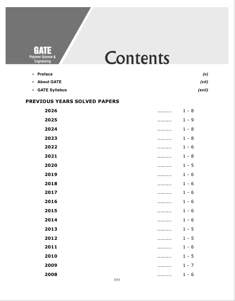 GATE XE-F 2027 : Polymer Science & Engineering Solved Papers (2008-2026) by Rama Gour – table of contents, page 1