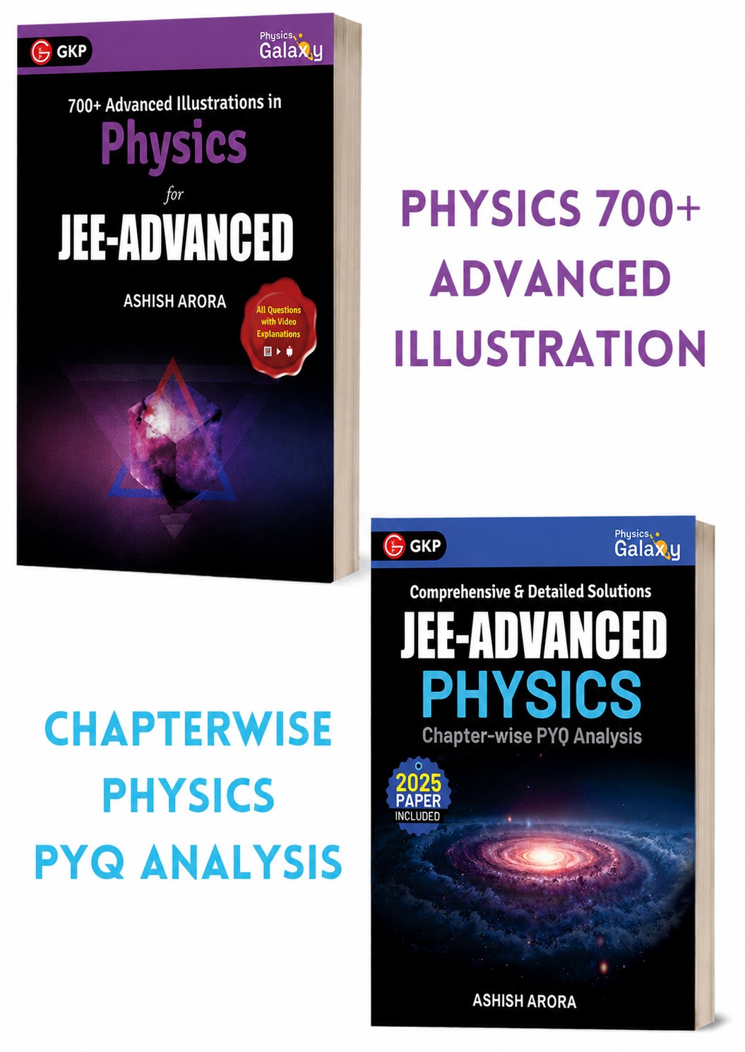 Two books on physics for JEE-Advanced by Ashish Arora with a focus on advanced illustrations and PYQ analysis.