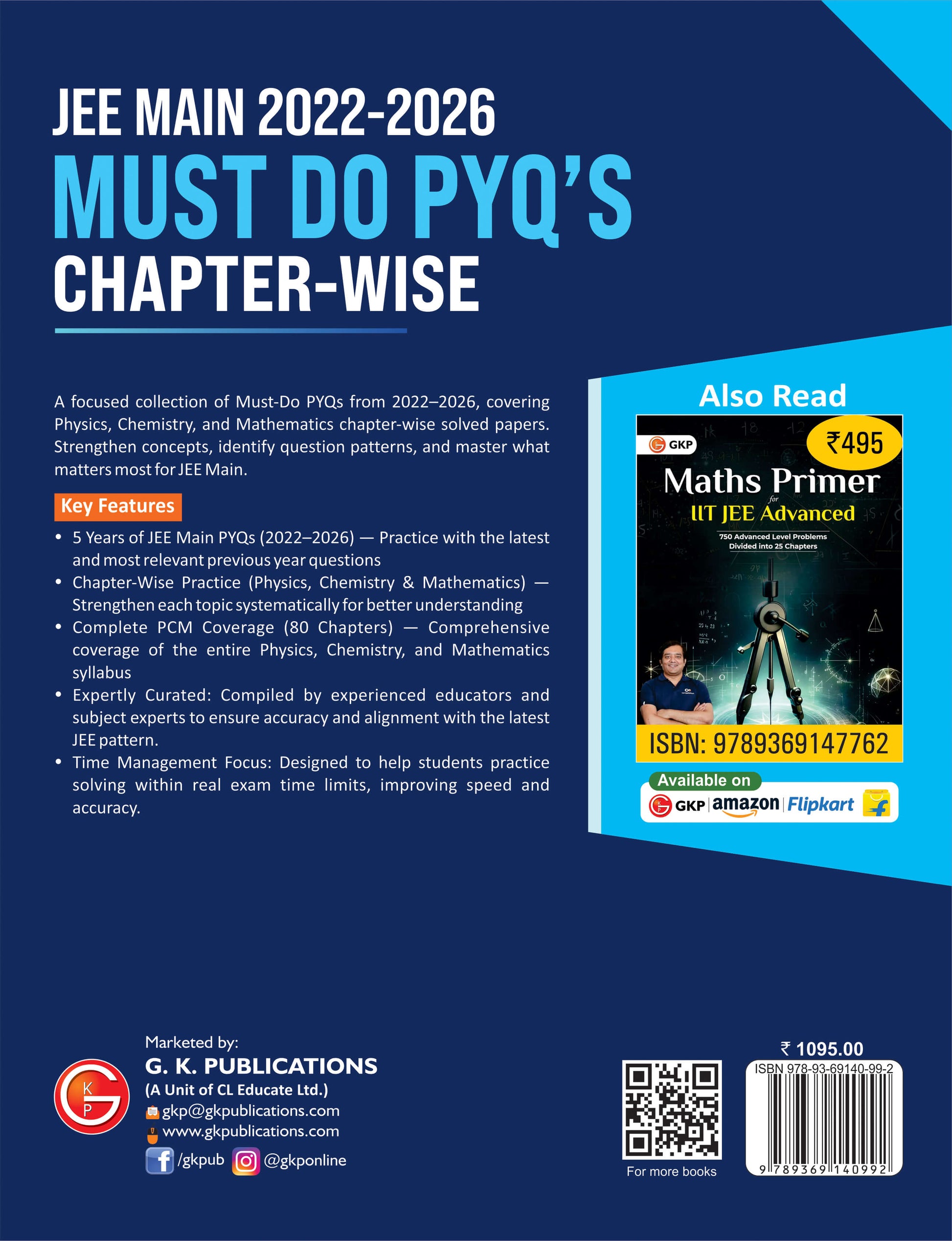 Back cover of a JEE Main 2022-2026 Must Do PYQs chapter-wise book by Mohit Tyagi