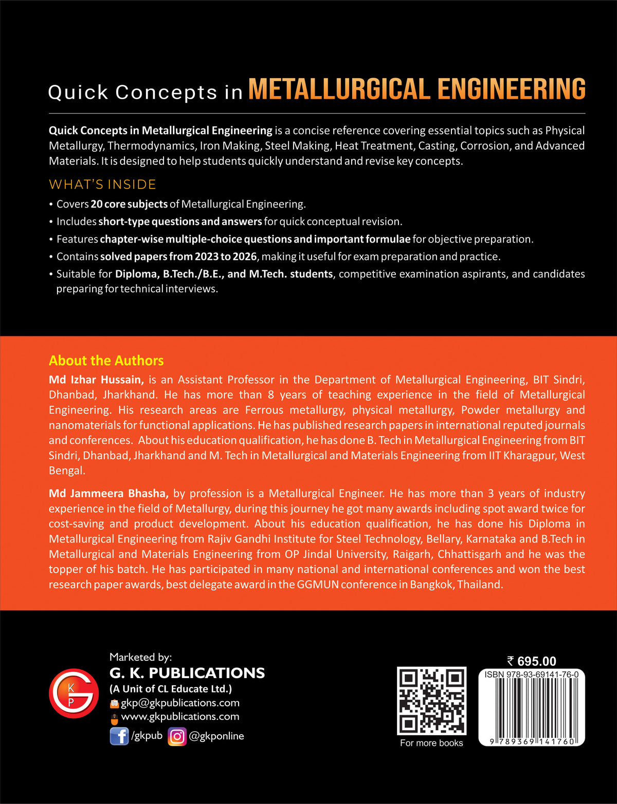 Quick Concepts in Metallurgical Engineering by M.I. Hussain & J. Basha | Includes 4 Years Solved Papers (2023-2026) | Comprehensive Study & Revision Guide for Diploma B.Tech/BE, PG Level Students, GATE, RINL, SAIL & Railway Exams