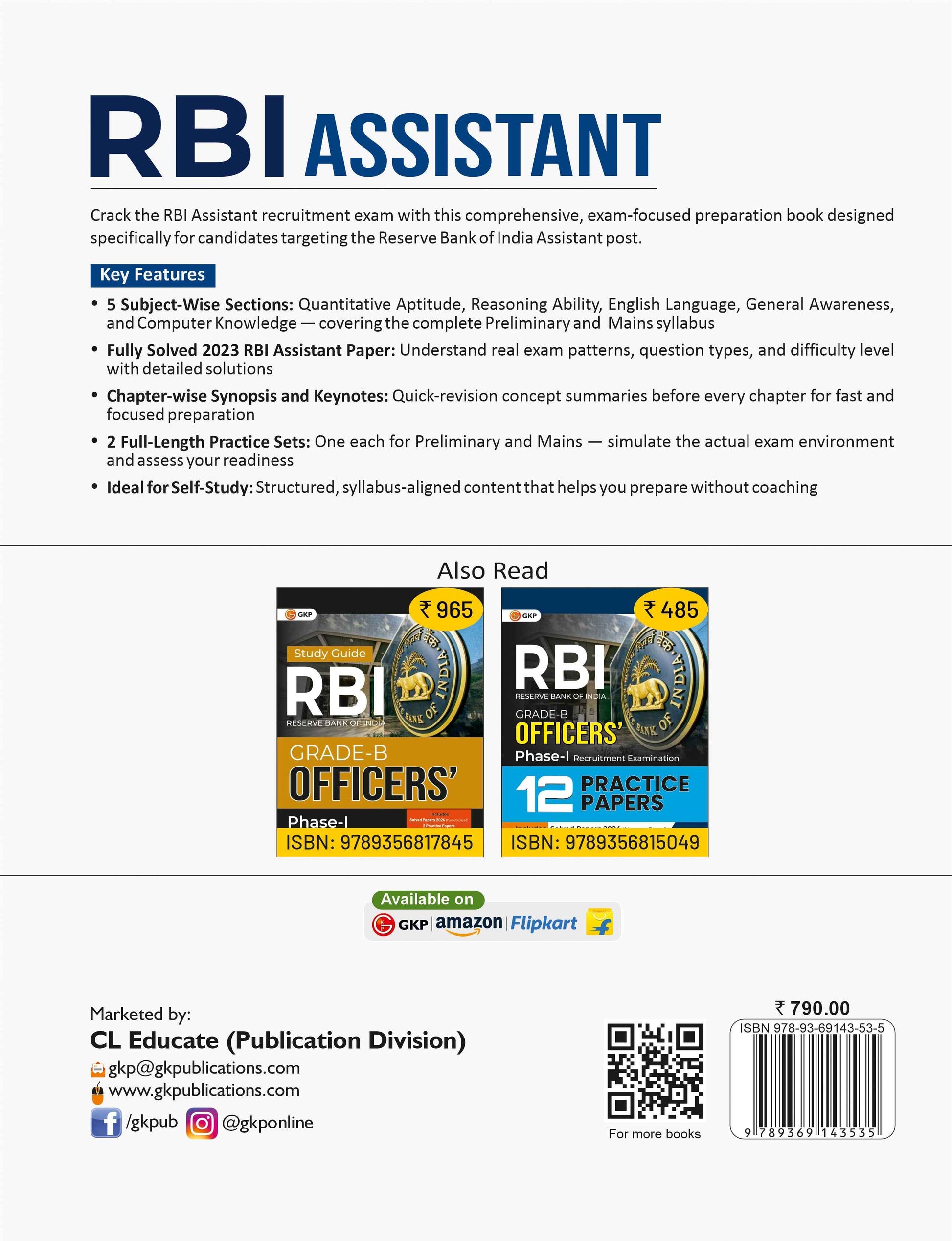 RBI 2026 Assistant Study Guide | Subject-wise Sections with Chapter-wise Synopsis & Keynotes | 2 Practice Papers (Prelim & Main) & Solved Papers 2023 | RBI Entrance Exam Guide - GK Publications