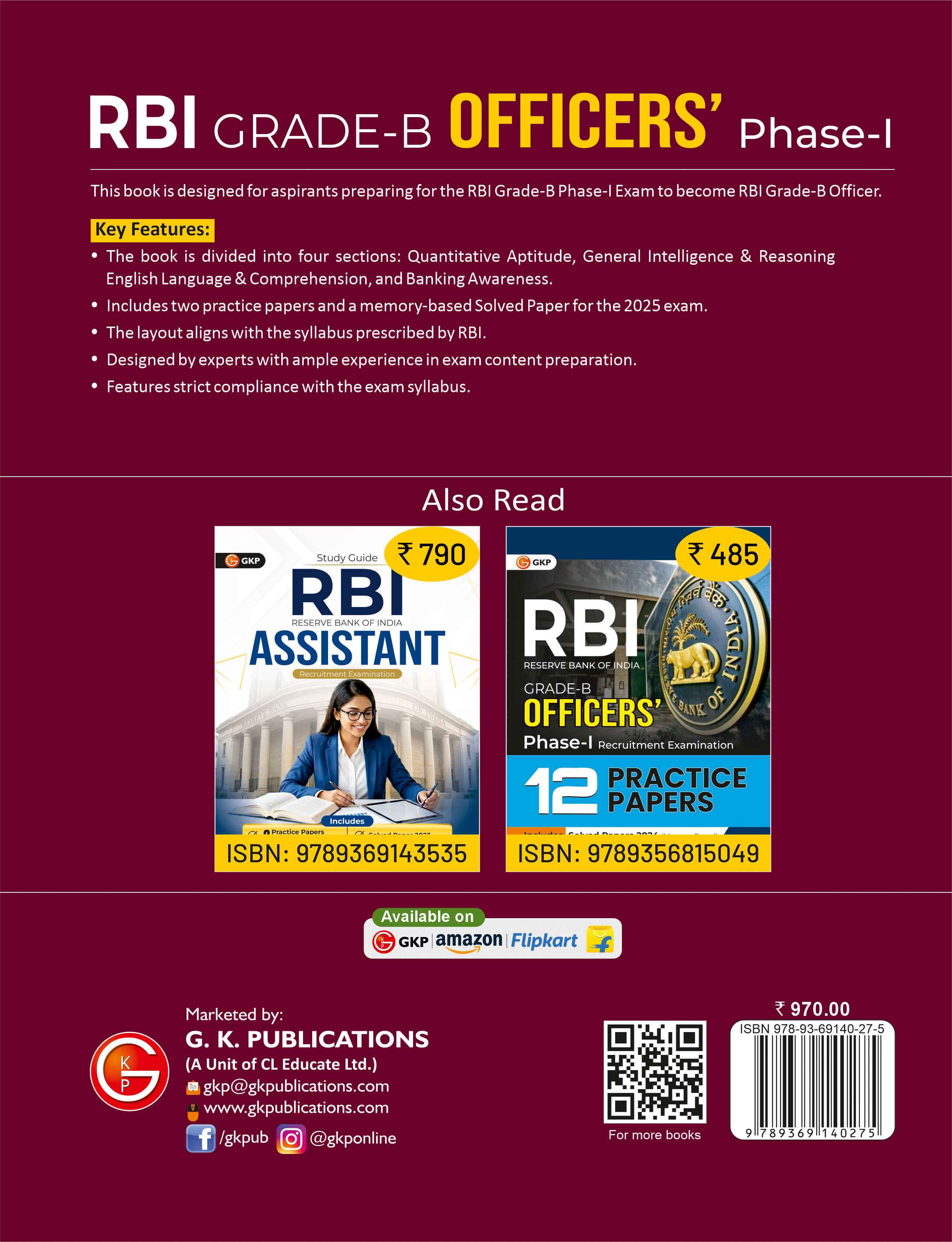 RBI 2026: Grade-B Officers Phase-1 Study Guide | Quantitative Aptitude, Reasoning, English, Banking Awareness | 2 Practice Papers & 2025 Solved Paper | RBI Entrance Exams