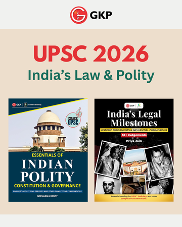 UPSC 2026 India's Law & Polity books with GKP logo on a beige background